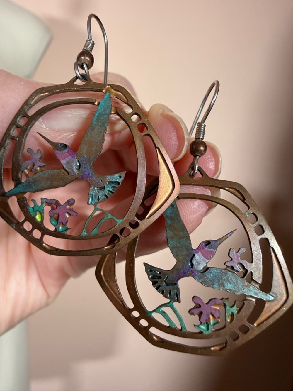 Artisan Handmade humming bird mixed metal vintage southwestern earrings - Picture 6 of 13